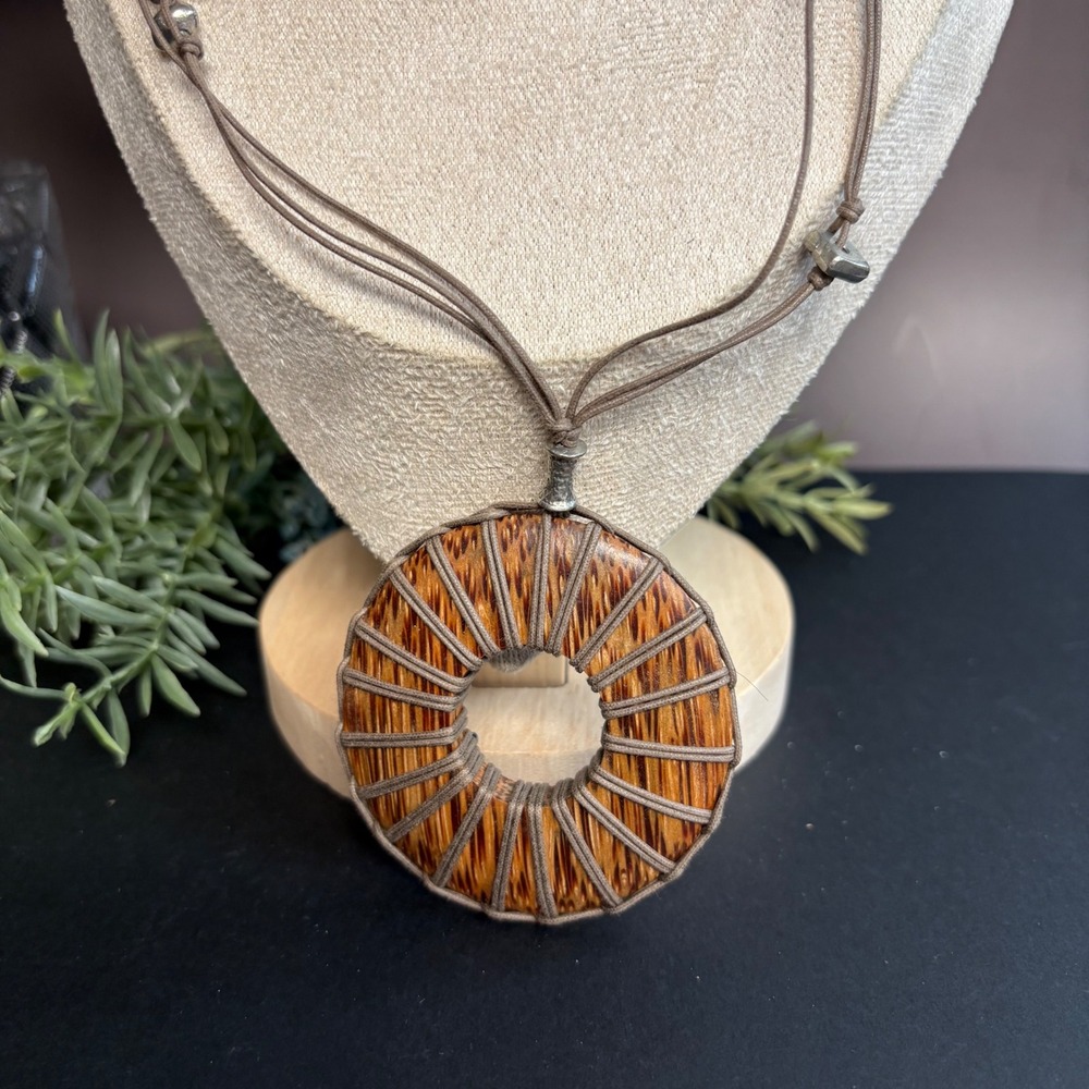 Long Boho Cord Necklace Wood Circle Pendant | Festival Jewelry | Rustic Eclectic